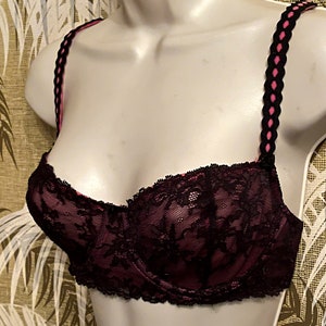 Smooth Hot Pink Push-Up Rouched-front Bra with Lace Trim - Size