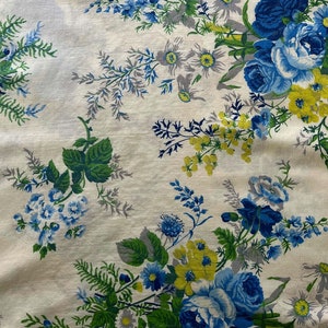 Vintage 60s Blue and Chartreuse Rose Floral Fabric ~ Yardage from Cotton Sheet Fabric