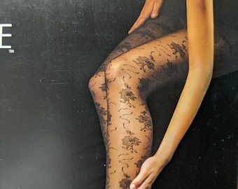 Vintage Black Rose Floral Sheer Pantyhose ~ PLUS Sz (XL) Stocking Long George 4831