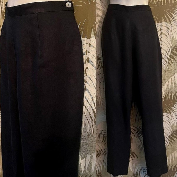 90s Vintage Side Zipper Flat Front Black Slacks ~ Linen Dress Pants ~ 28" 29" High Waist x 29" Inseam / 28x29