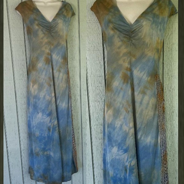 Hand Dyed Tie Dye nylon Maxi Nightgown ~ Blue to Earthy Orange / ooak eco upcycled / Sz Lge - XL