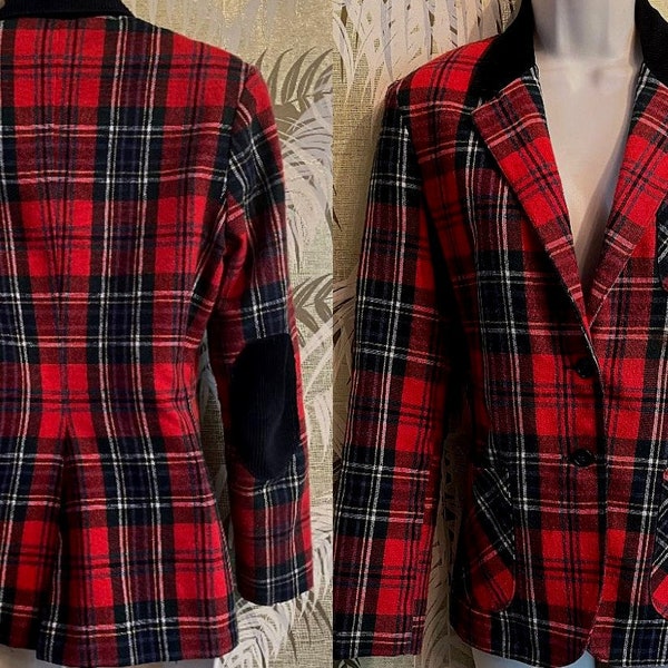 70s Vintage Wool Plaid Blazer ~ Jacket Corduroy Collar and Elbow Patches ~ by Body English ~ Ladies Sz 8