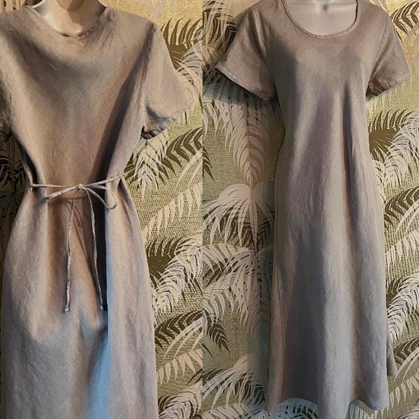 Vintage 90s Linen Mid-Calf A-Line Tie-Back Midi Jumper Dress ~ Scoop Neck Sundress // Size med