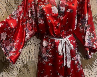 Vintage Red Floral Silky Poly Short Mini KIMONO Robe / Japanese print ~ Y2k BOHO hippie // Sz Lge