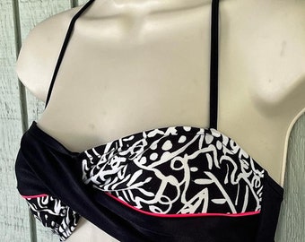 80s Avon Fashions Black w/ White and Neon Pink Halter Bikini Top // Size XS ~ 32" Bust  / Vintage 1980s scribble print