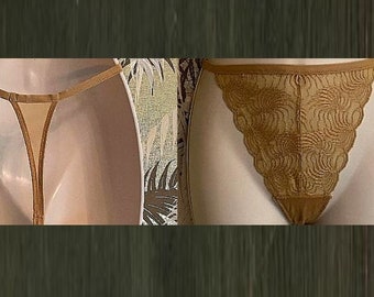 Vtge Sheer Tan Lace Thong Panty ~ Triangle V-Back panties // sz Med ~ 27" 28" waist