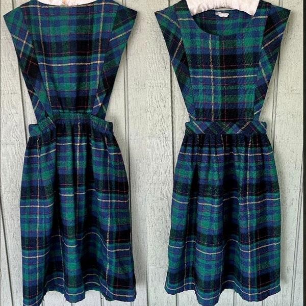 Vintage 70s Girls Size 10 School Uniform Jumper Dress ~ Green Wool Plaid ~ Phase I