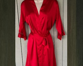 VTG Red Poly Satin 80s Short Mini Robe ~ Sz Med - Lge