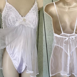 Vintage 80s Thong Teddie Chemise ~ White with Pearl like beading on Lace Bodice ~ SEARS Sz Sml