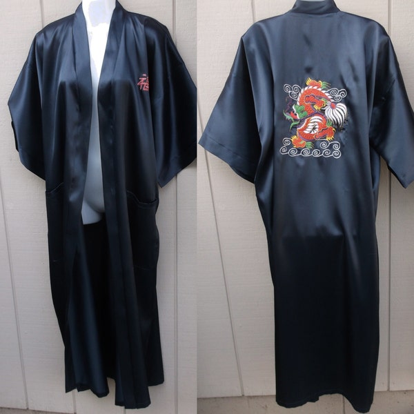 80s Vintage Black Kimono Robe Duster w/ embroidered Dragon / BOHO long wrap // s m l
