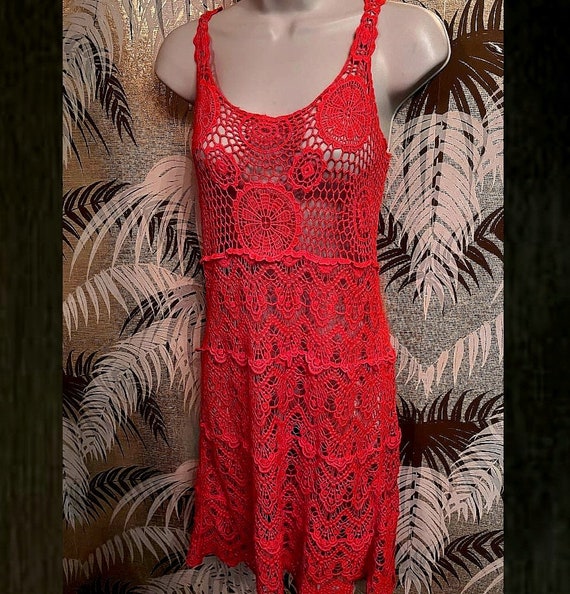 Vtge Cotton Crochet Lace Dress ~ 90s Orange Dyed … - image 1