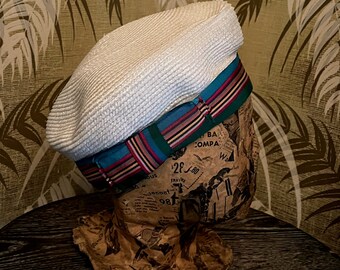 60s Vintage I. Magnin White Straw Pill Box Beret Hat ~ Rainbow Striped Ribbon Trim