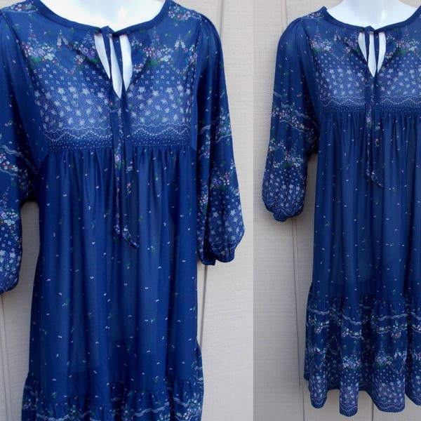 Vintage 70s Blue Border Floral Smock Tent Dress by Lady Carol New York // size Med