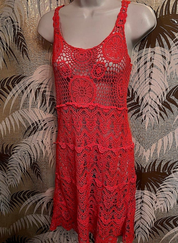 Vtge Cotton Crochet Lace Dress ~ 90s Orange Dyed … - image 5