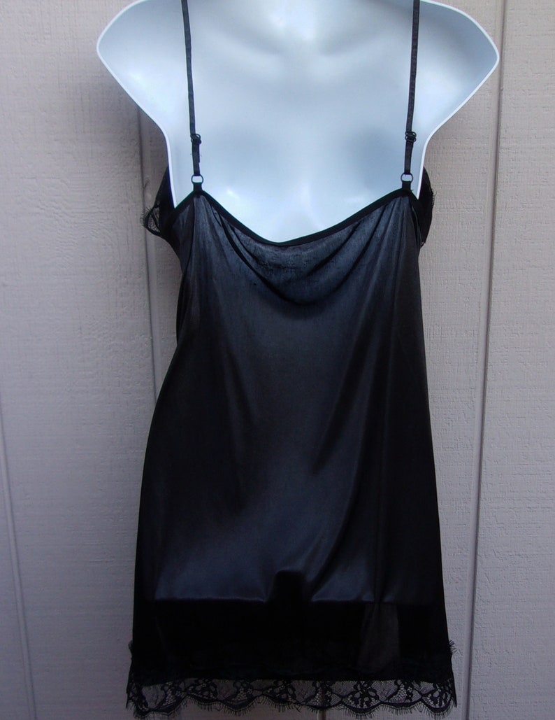 Vintage Nylon Stretch Tricot Chemise Black short slip nightgown size Lge