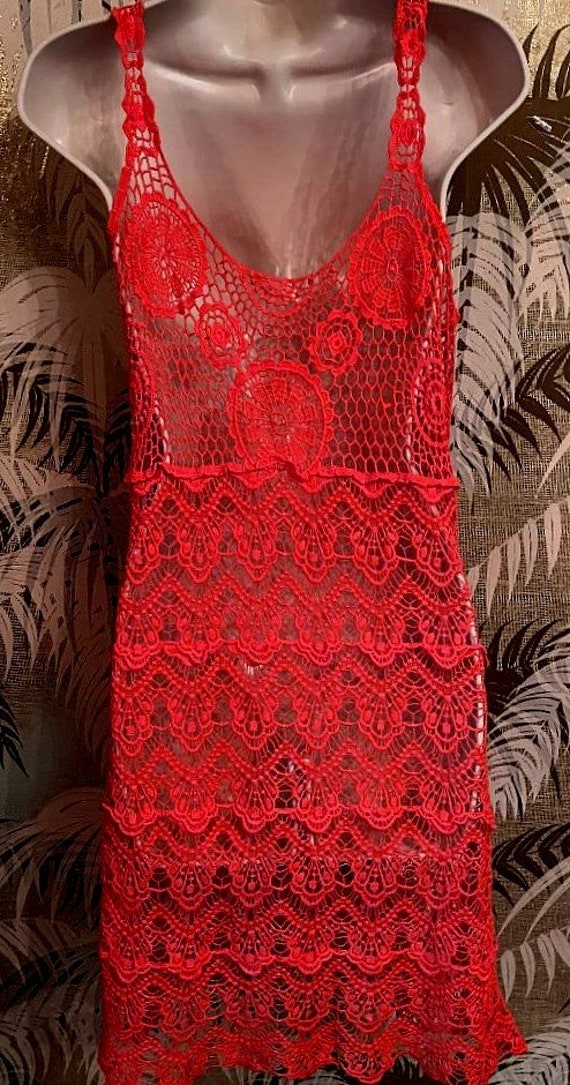 Vtge Cotton Crochet Lace Dress ~ 90s Orange Dyed … - image 4