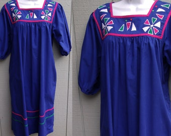 80s Vintage Naqui Embroidered Blue Midi Smock Tent Dress | Vintage Mexican Inspired Dress | Women’s Vintage