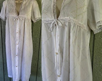 60s Vintage Semi-Sheer BARBIZON Pale Floral on White Batiste Nightgown ~ Pintucks / Innocent babydoll grannie nightie // sz Sml