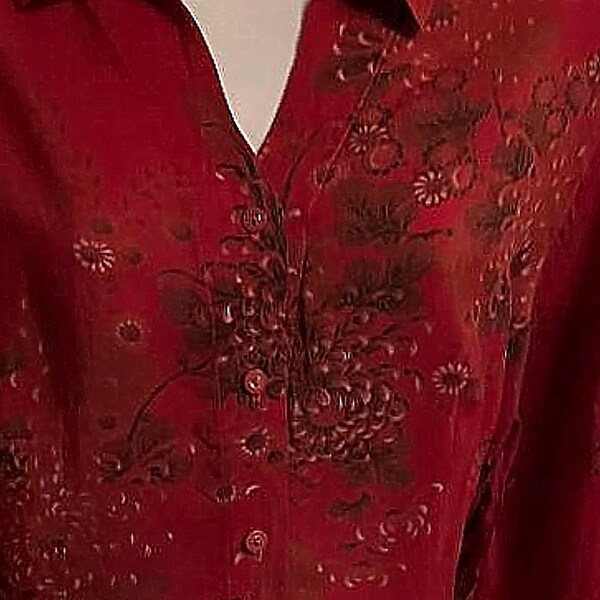Vtge TIANELLO Garment Dyed Red Asian Floral Blouse ~ Shirt Top / Size Med 10 - 12