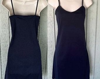 90s Vintage Mini Slip Chemise ~ Nylon Tricot Dark Blue Stretch Jersey Mini Dress Slip / Size 10-12 ~ Med