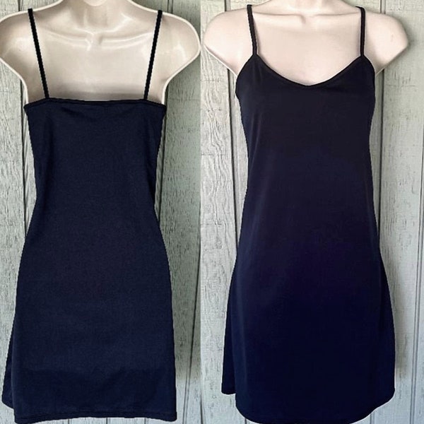 90s Vintage Mini Slip Chemise ~ Nylon Tricot Dark Blue Stretch Jersey Mini Dress Slip / Size 10-12 ~ Med