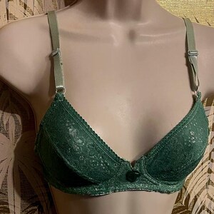 May include: A green lace bra with adjustable straps. The bra features a delicate floral pattern and a small bow detail at the center. The straps and trim are a lighter shade of green.