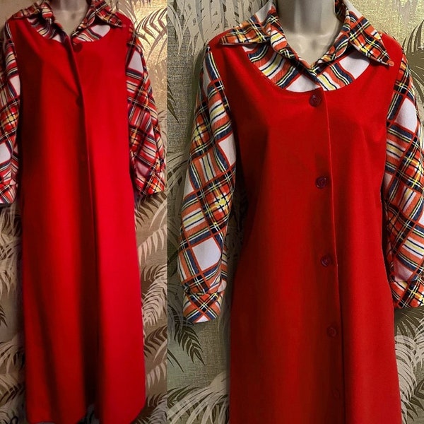 70s Vintage Maxi Lounge Dress ~ Red Plaid Velour At Home Wear for Van Raalte Button Robe ~ Cozy Warm Flannel Hostess Gown ~ Size 12 - 14