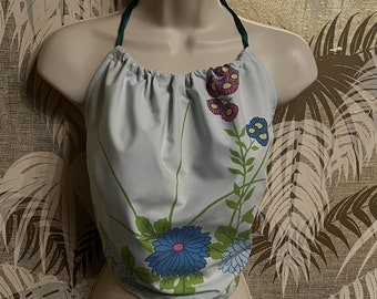 70s Vintage HANAE Mori Fabric Floral Handmade Vintage Boho Hippie Bombshell Cropped Halter Top / Sz Sml - Med