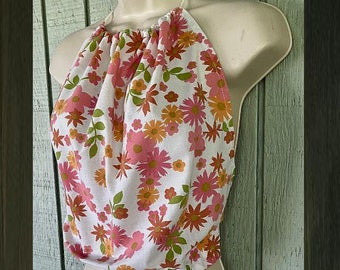 70s Daisy Floral Fabric Handmade Vintage Boho Hippie Bombshell Cropped Halter Top / Sz Sml - Med / Pink Orange Trippy