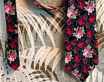 Handmade Black Floral Cotton Super Wide Necktie ~ 4-12 inch wide Rose and Pansy Flower Print