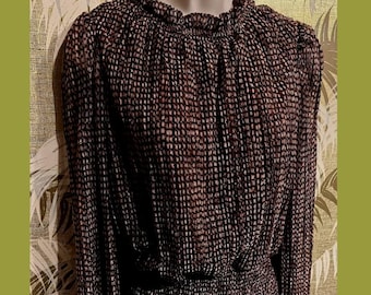 y2k Vintage JOIE Sheer Sleeve Blouson Top ~ High Neck Ruching ~ Brown with Metallic bronze ~ Size Med