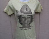 Vintage 80s ASCII Portrait Tshirt -- Broken Bow Girl in Cowboy Hat / 50/50 Oklahoma Ladies Ironic tee // Size Med