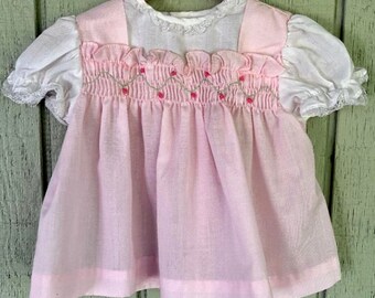 Vintage 60s Baby Dress 3 - 6 Mos. Nannette Pink Smocked Infant Girl Dress / Pinafore Frock