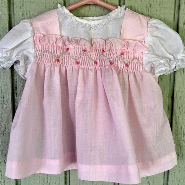 Vintage 60s Baby Dress 3 - 6 Mos. Nannette Pink Smocked Infant Girl Dress / Pinafore Frock