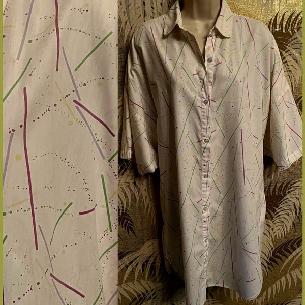 80s Vintage Splatter Paint Printed Big Shirt ~ MICHELE Long Button Down Tunic Dress / Sz XXL - 2X