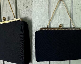 60s Vintage MOD Black Silk Purse ~ Goldtone hardware Handbag ~ Convertible to Clutch Purse / 1960s