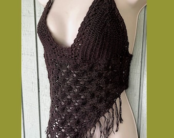 Hand Dyed Cotton Crochet Halter Top w/ Lace-Up Back  ~ Dark Moss Green ~ Crop Tank Camisole ~ Sml Med Lge