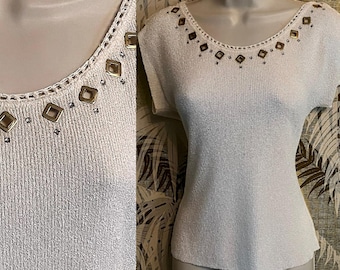 Vintage 50s White Knit Shell with rhinestone and goldtone metal stud Embellished Neckline ~ Size Sml 4-6 / Brookshire of California