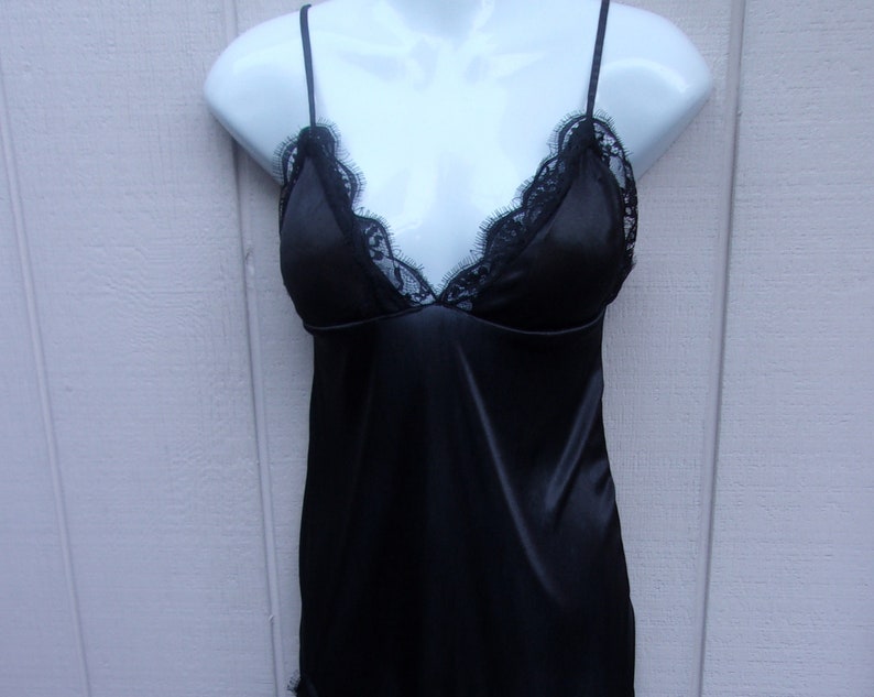 Vintage Nylon Stretch Tricot Chemise Black short slip nightgown size Lge