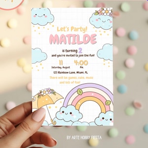 Bewerkbare digitale uitnodiging met wolken en regenboog voor meisjes met Canva, verjaardag in pastelkleuren, gepersonaliseerde kaart voor een hemelfeest, direct te downloaden