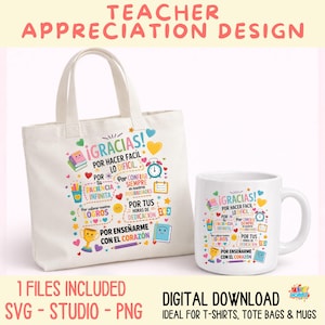 Puede incluir: Una bolsa de mano blanca y una taza blanca con un diseño colorido de agradecimiento a los profesores. El diseño incluye la palabra española "Gracias" y otros textos, junto con corazones, libros y estrellas. El texto "Teacher Appreciation Design" está en la parte superior.