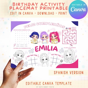 Puede incluir: Un mantel individual imprimible de actividad de cumpleaños con el texto "Feliz Cumpleaños" y "Emilia". Incluye un laberinto, tres en raya y secciones para colorear. Presenta ilustraciones temáticas de K-Pop y es editable en Canva.