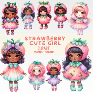Pastel Watercolor Strawberry Costume Clipart Set – Kids Girl Skin Tones Brown & Light – Digital Download PNG