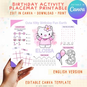 Puede incluir: Un mantel individual de actividades de cumpleaños imprimible con un gato de dibujos animados. El mantel individual incluye ejercicios de conteo, una búsqueda de palabras, un laberinto y tres en raya. El texto dice "Cute Kitty Birthday Fun Earth" y "English Version".