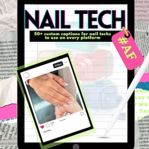 Peut inclure: Un design graphique pour les techniciennes des ongles avec le texte "NAIL TECH" en lettres noires grasses avec un contour bleu. Le texte "50+ légendes personnalisées pour les techniciennes des ongles à utiliser sur toutes les plateformes" se trouve sous le titre. Un carré rose avec le texte "#AF" se trouve dans le coin supérieur droit de l'image. Un stylet blanc se trouve dans le coin inférieur droit de l'image. Un message sur les médias sociaux avec une photo d'une main avec une manucure se trouve au centre de l'image. Le message a une icône en forme de cœur avec le texte "1500 likes" en dessous.