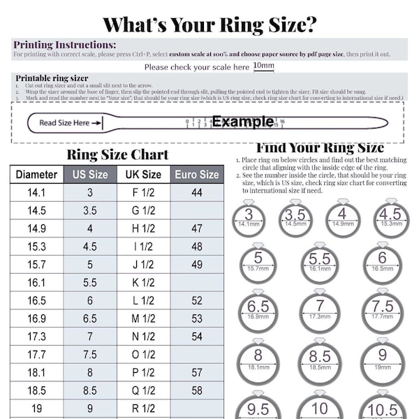 Printable Diamond Ring Sizer | Jewelry Sizing | Universal Ring Size Finder | International Chart Tool | Measure | Instant Download