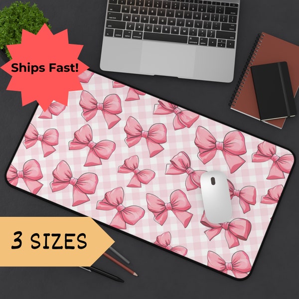 Pink Plaid Bows DeskMat, Cute Girly Desk Accessory, XL mousepad, Gingham Desk Pa, Dorm Decor, Keyboard Deskpad, Decorative Mat,