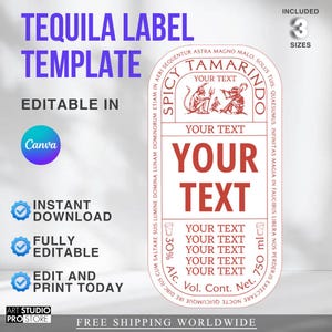 Pode incluir: Um modelo de etiqueta de tequila retangular com cantos arredondados, apresentando texto e gráficos vermelhos em um fundo branco. O design inclui as palavras SPICY TAMARINDO, YOUR TEXT, 30% Alc. Vol. Cont. Net. 750 ml e uma pequena ilustração de duas figuras.