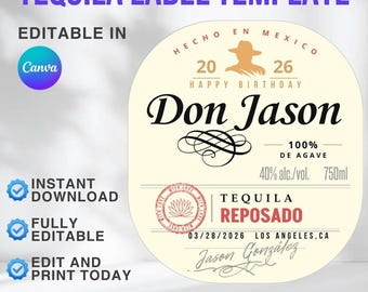 Personalizowana etykieta na tequilę: Upominek na przyjęcie urodzinowe, Wieczór panieński, Rocznica, Drużba, Święto (Canva, Pobieranie cyfrowe) 3 rozmiary