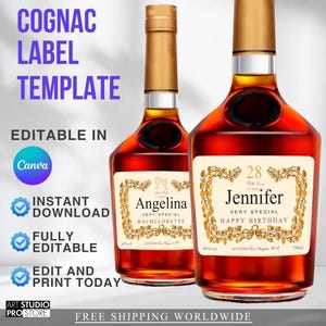 Custom Cognac Label Template: Birthday Party Favor, Bachelorette, Anniversary, Groomsman, Holiday (Canva, Digital Download) 4 SIZES